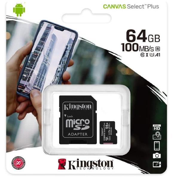 microSD Kingston Canvas Select Plus 64GB + Adattatore SD - 100 MB/s in lettura, Classe di velocità UHS-I, U1, V10