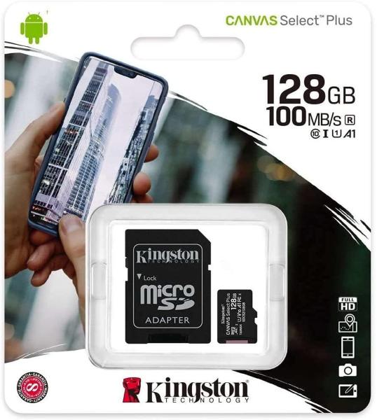 microSD Kingston Canvas Select Plus 128GB + Adattatore SD - 100 MB/s in lettura, Classe di velocità UHS-I, U1, V10