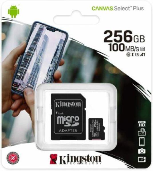 microSD Kingston Canvas Select Plus 256GB + Adattatore SD - 100 MB/s in lettura, Classe di velocità UHS-I, U1, V10